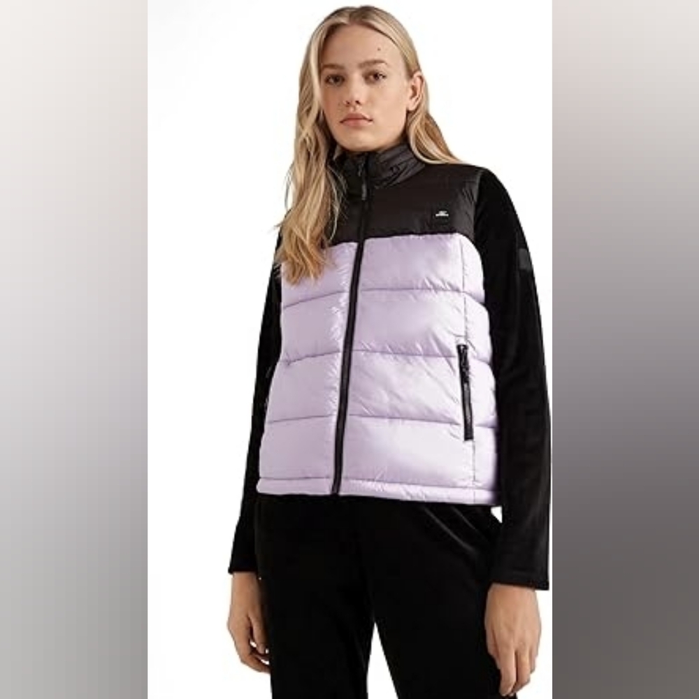 O'Neill Women's Black and Lavender Puffer Vest Size Small O'Riginals Hood Warm